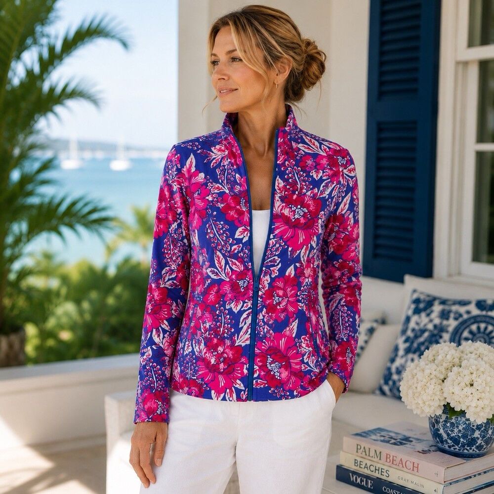 Sigrid Olsen Women Pink Floral Print Zip Up Tennis Golf Jacket UPF S